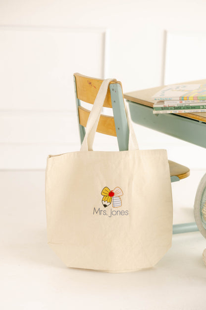 Pencil Bow Teacher Tote with Custom Name